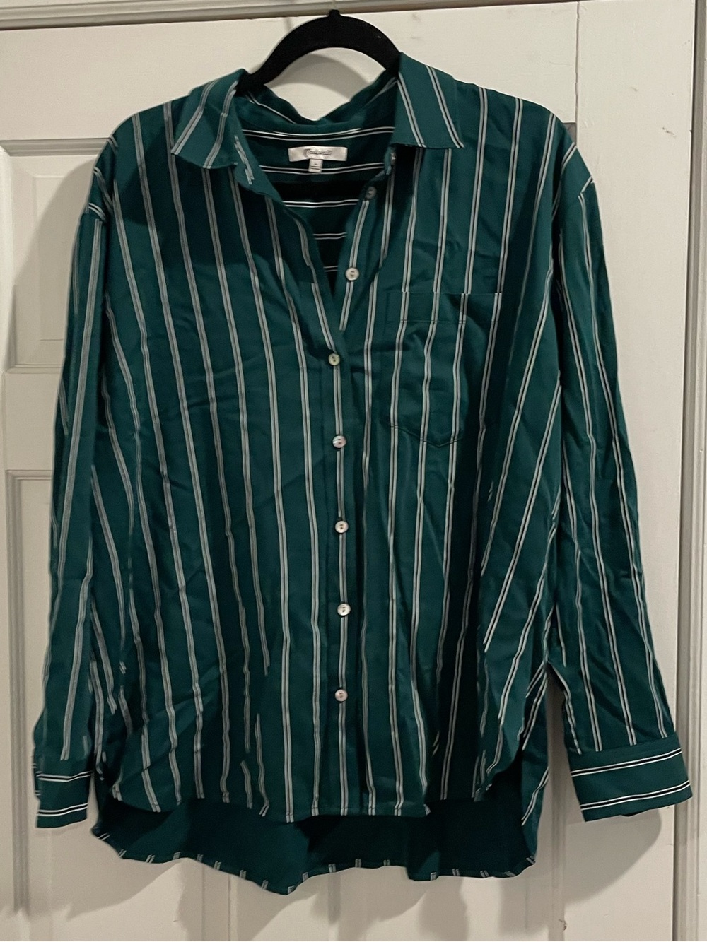 Madewell Pine Green Vertical Stripe Button-Down Shirt